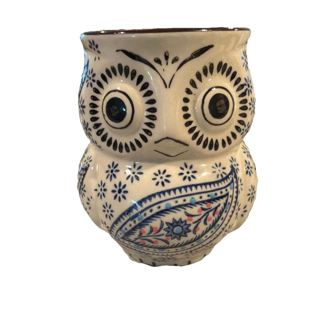 Vtg Hand Painted Sculpted Owl Mug Paisley‎ Blue Yokohama 3D